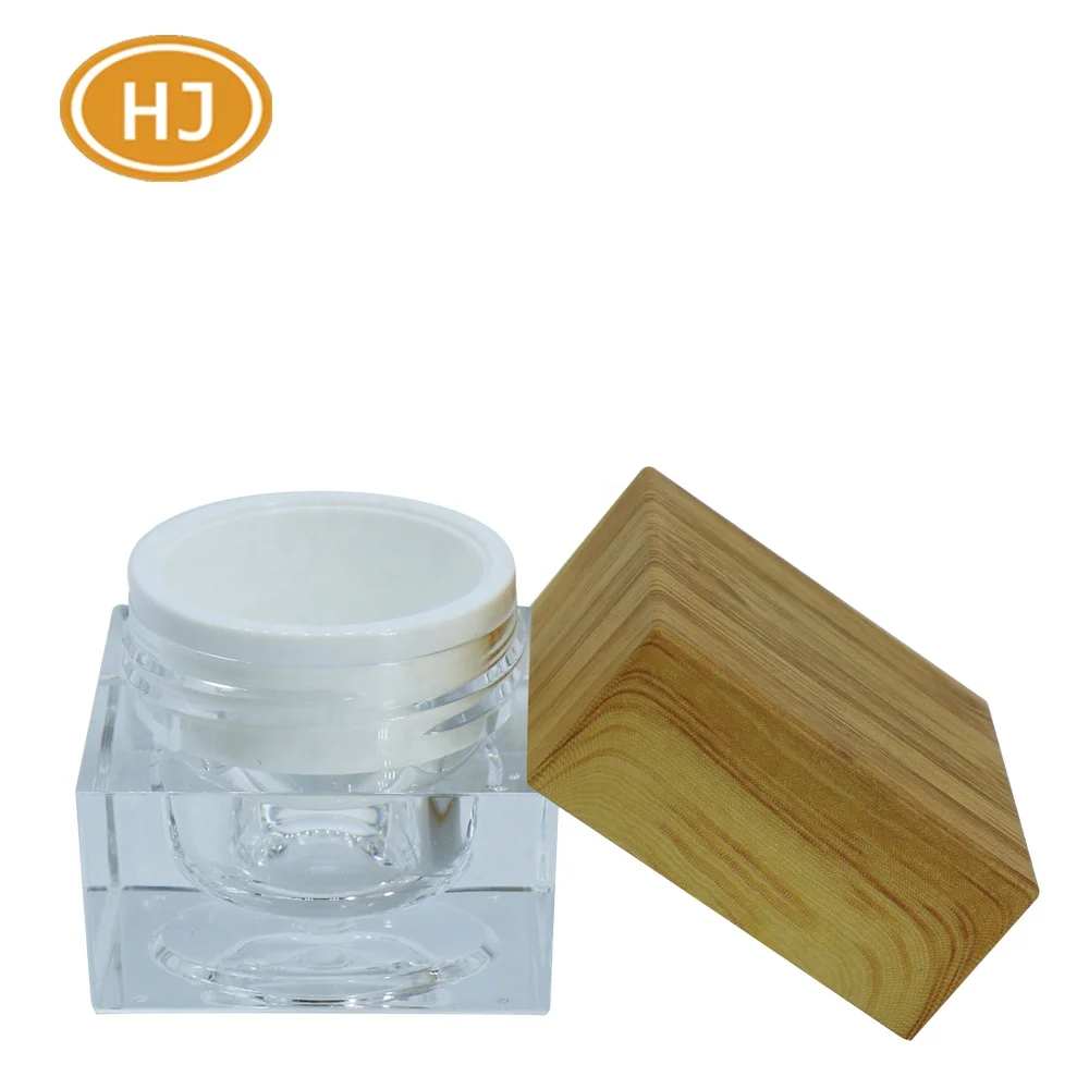 
15g Square Acrylic Cream Jar for Skin Care with Double Wall and Wood/Bamboo Pattern Lid 