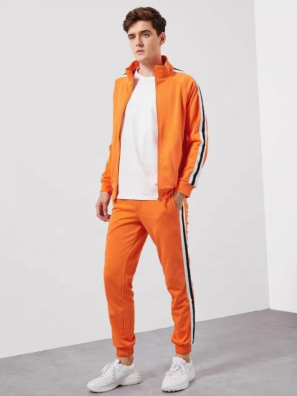 KY School uniforms funnel collar Men Zip Front Pocket Striped track jacket men & jogging Pants Set mens gym apparel gymwear