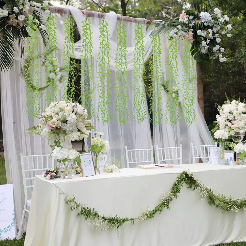 Greenery Garland Hanging Plant Artificial with Willow Leaf Faux Greenery Leaves for Table Chairs Backdrops Backyard Indoor Decor