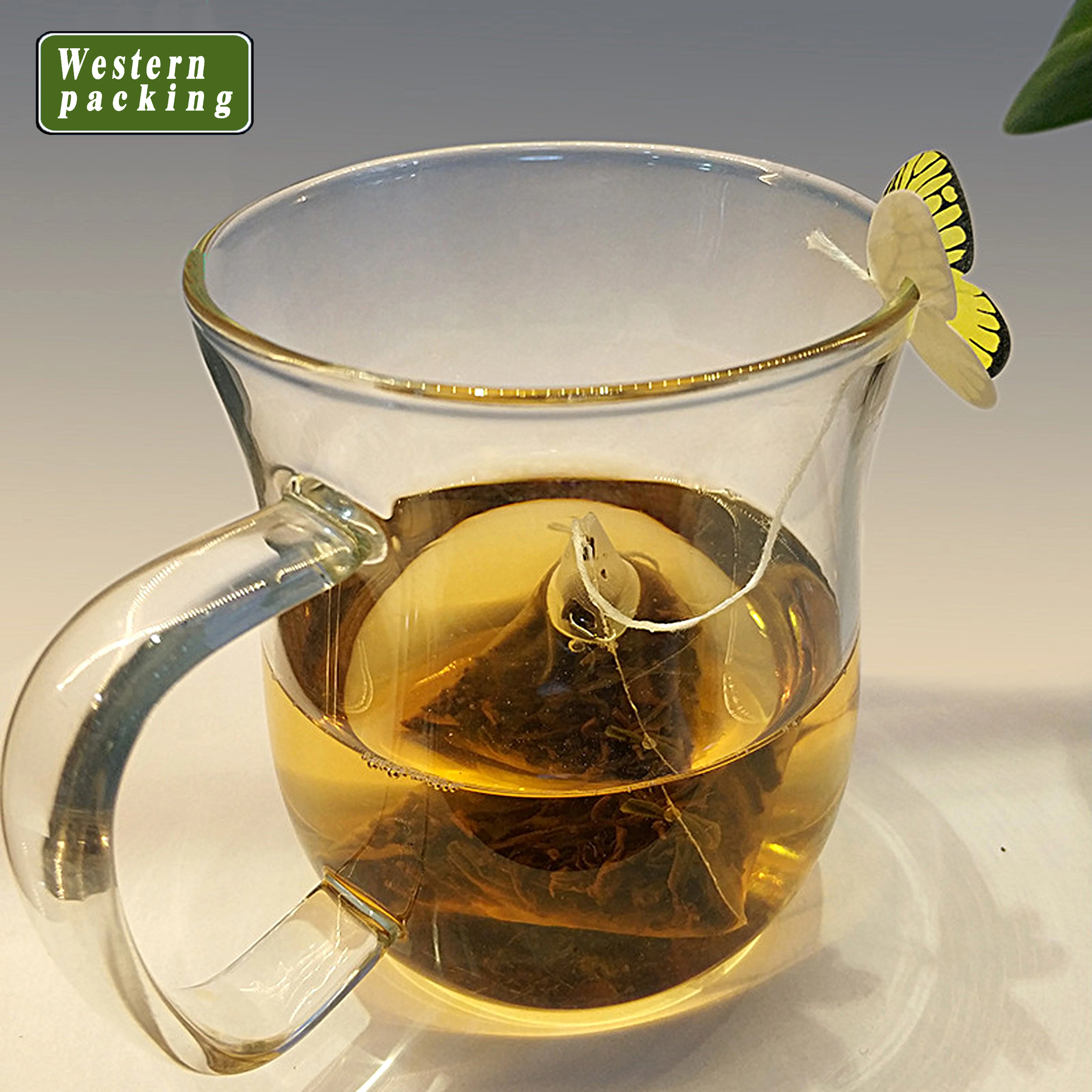 Customized logo printed empty nylon drawstring tea mesh bag with butterfly tag