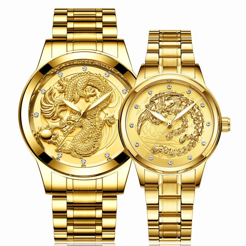 Top Brand Business Fashion Watches Male Watch Waterproof Golden Silver Quartz Ultra-thin Steel Belt Dragon-Phoenix Couple Watch