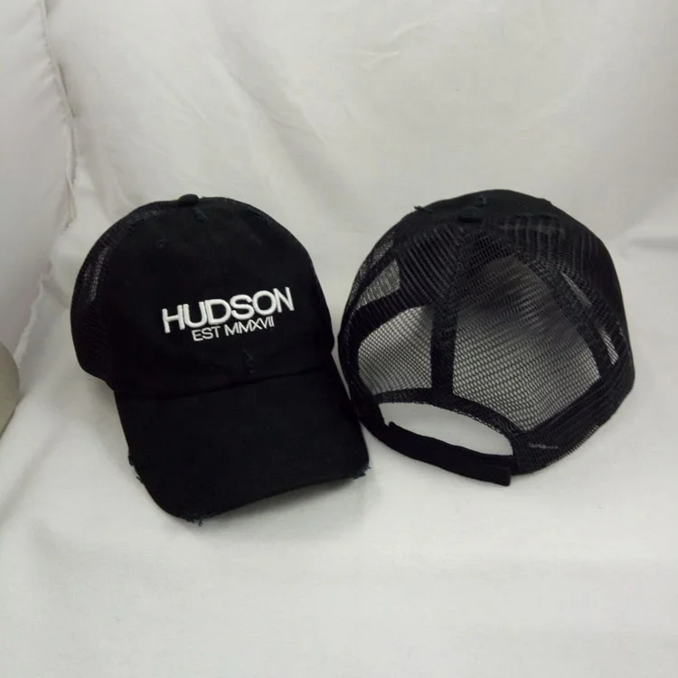 5 panel curved brim black cotton washed embroidery worn out blank vintage custom distress trucker hat cap