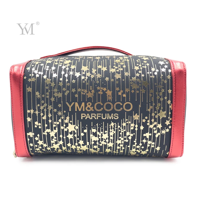 novation portable handle large capacity square pouch pvc leather bronzing gold makeup bag with mirror