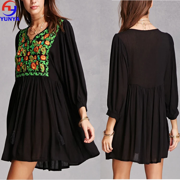 High quality fashion women wear embroidery long black tunic blouse