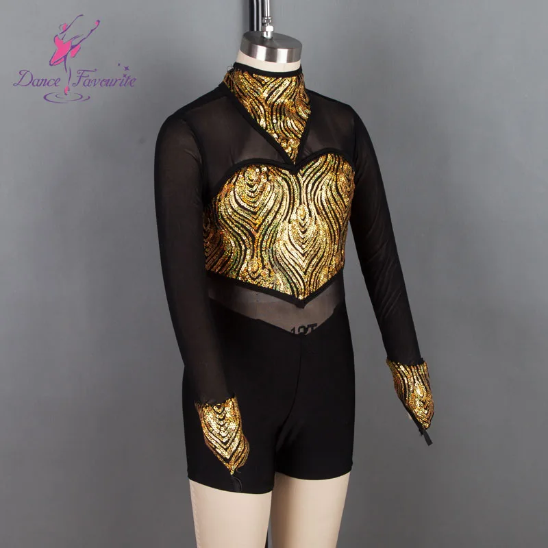 Long Sleeve Transparent Black Mesh Jazz & Tap & Hip Hop Dance Costumes with Gold Sequin Bodice 18526