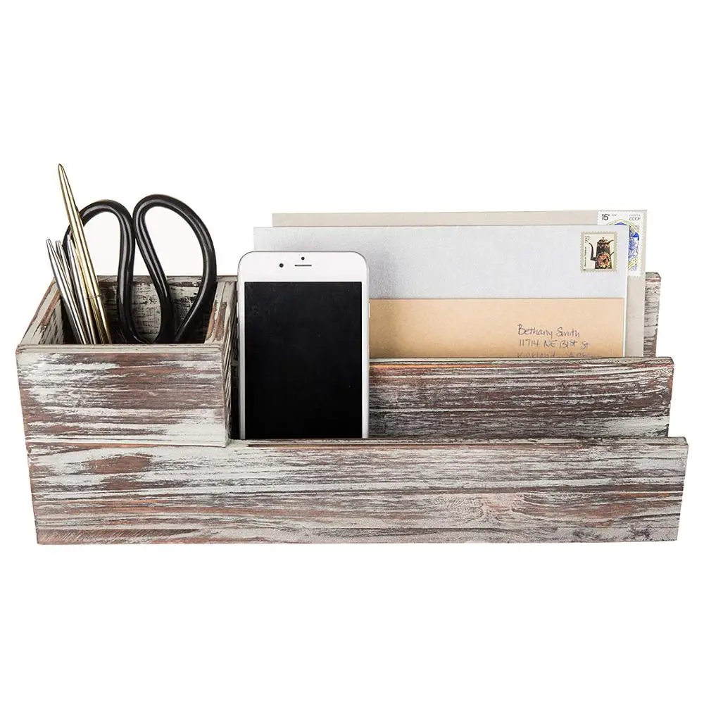 Rustic Torched Wood Desktop Office Supplies Caddy & 2 Slot Letter Mail Sorter Organizer