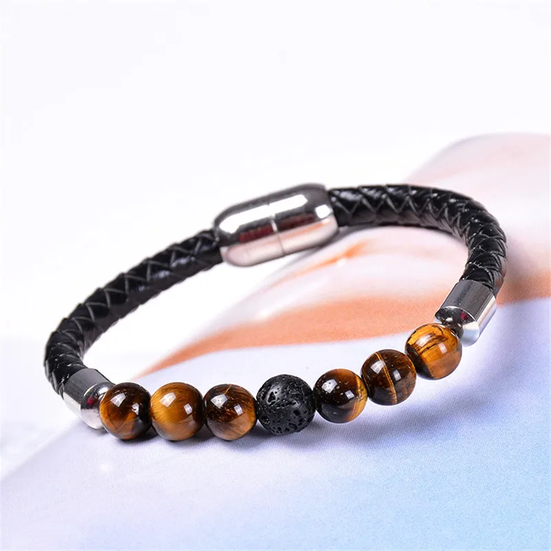 Wholesale Cheap Tiger Eye Stone Beads Bracelet Brown Genuine Leather Bracelets For Men Women