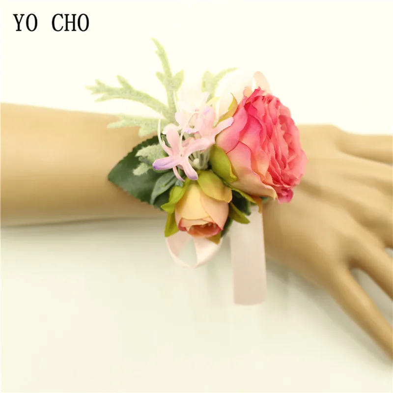 YO CHO silk pink leaf succulent Prom wedding Quinceanera Groom bridal bridesmaid handmade artificial silk bridal wrist