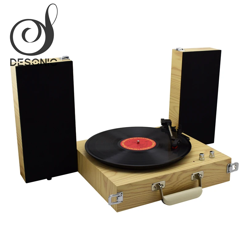 Compact design wooden gramophone record Player vinyl turntable with pitch control, RCA out& foldable Speakers