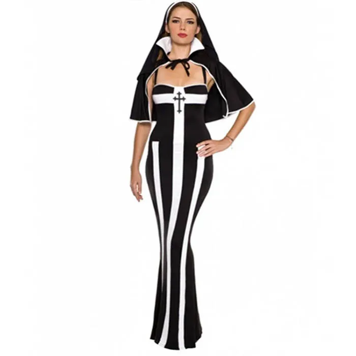 
Sexy Vertical Stripe Off Shoulder Fancy Long Dress Women Halloween Cosplay Nun Costume 