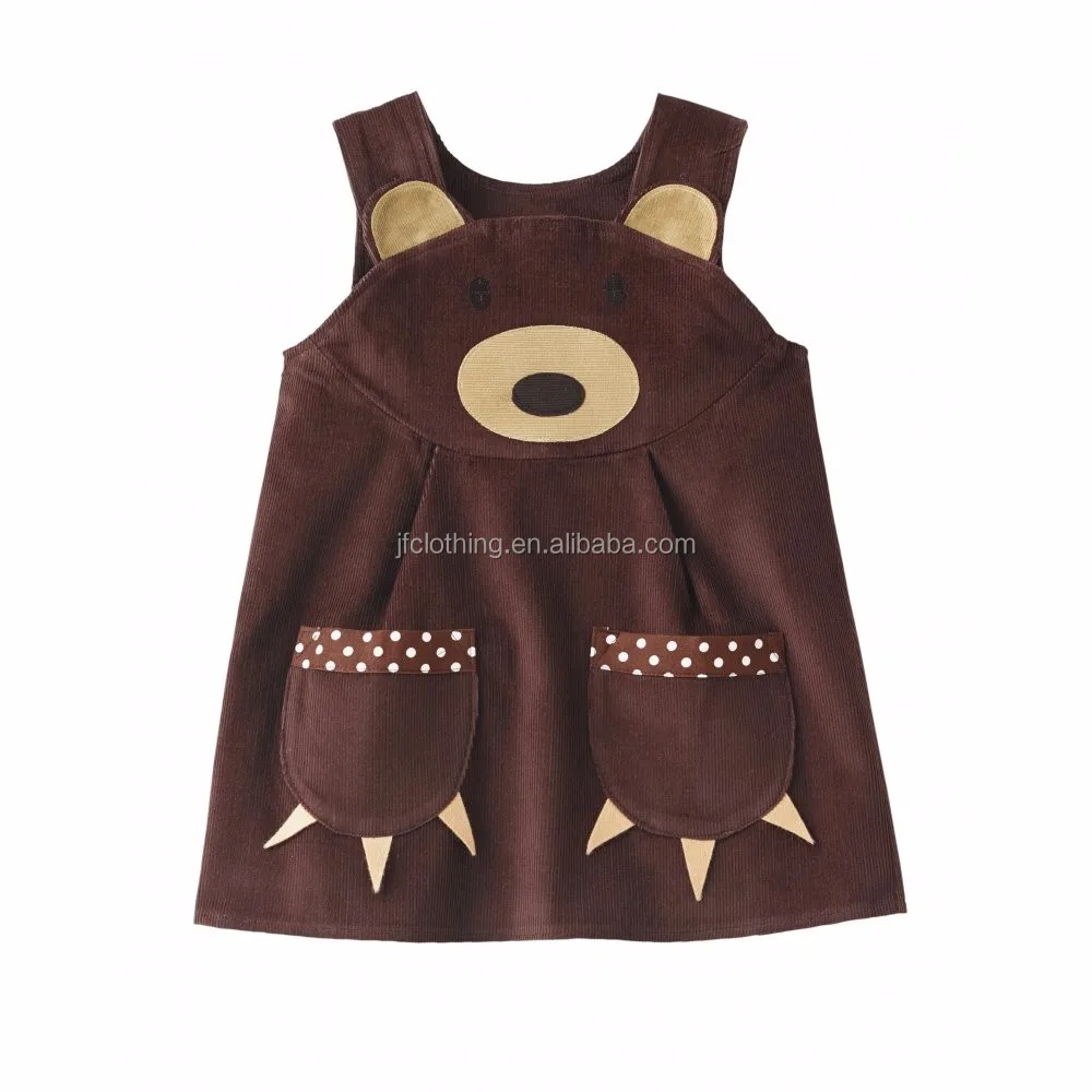 (CD933#brown )2-6Y Big kids girls dresses winter sleeveless bear applique corduroy dresses for girl