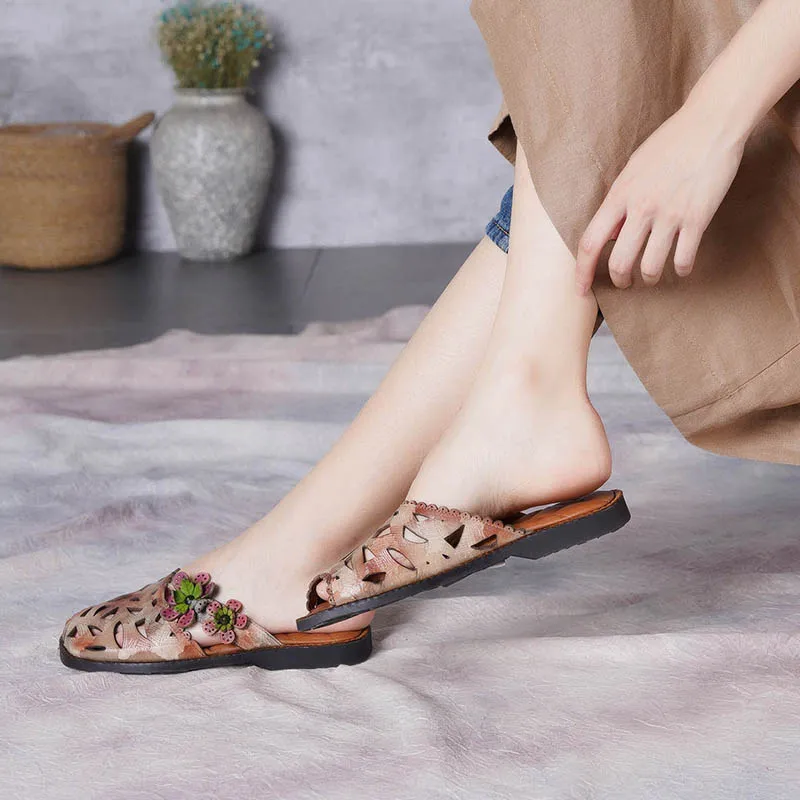 
New floral flower pattern hollow out fish mouth genuine leather comfortable casual sandal slipper for woman lady girl summer 