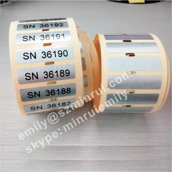 Custom printed brushed self adhesive aluminum stickers with numbers, brushed silver custom serial number stickers from Shenzhen
