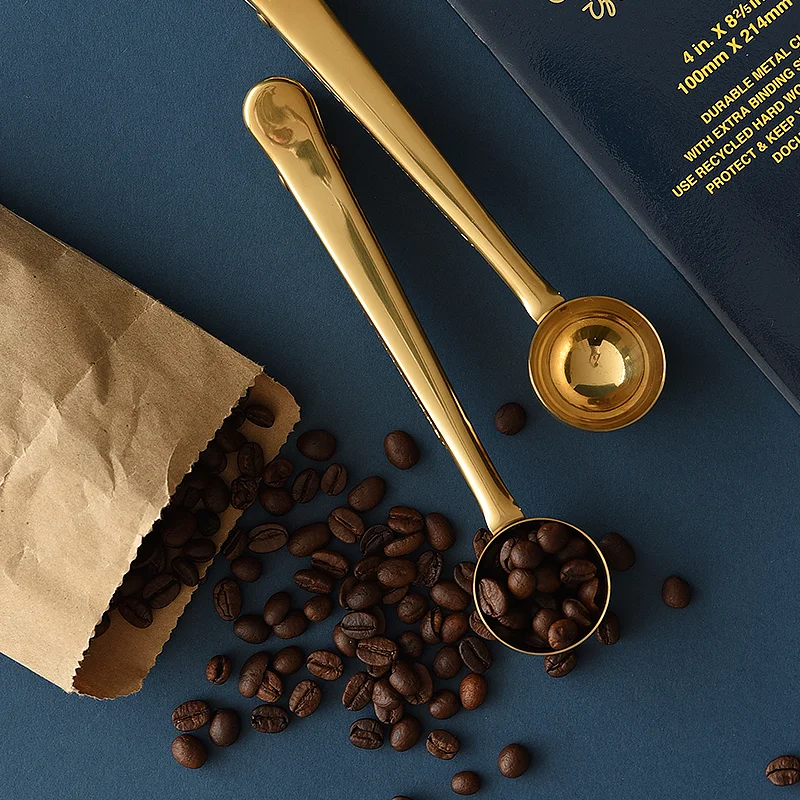 Gold stainless steel Spoon Scoop with Bag Measuring Clip coffee spoon