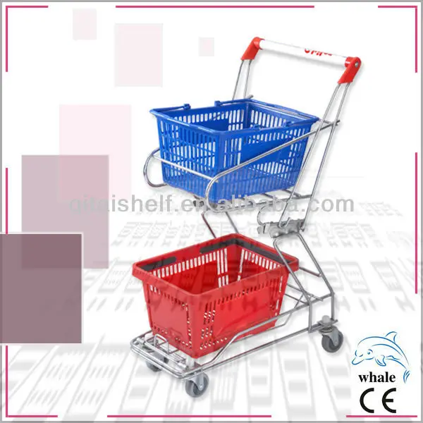Double Layer Metal Supermarket Shopping Trolley Cart With Two Plastic Basket