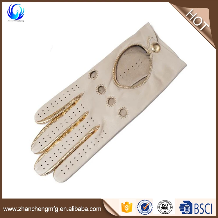 Supersoft Cream and Gold Nappa Leather Driving fashion Gloves with net hole White