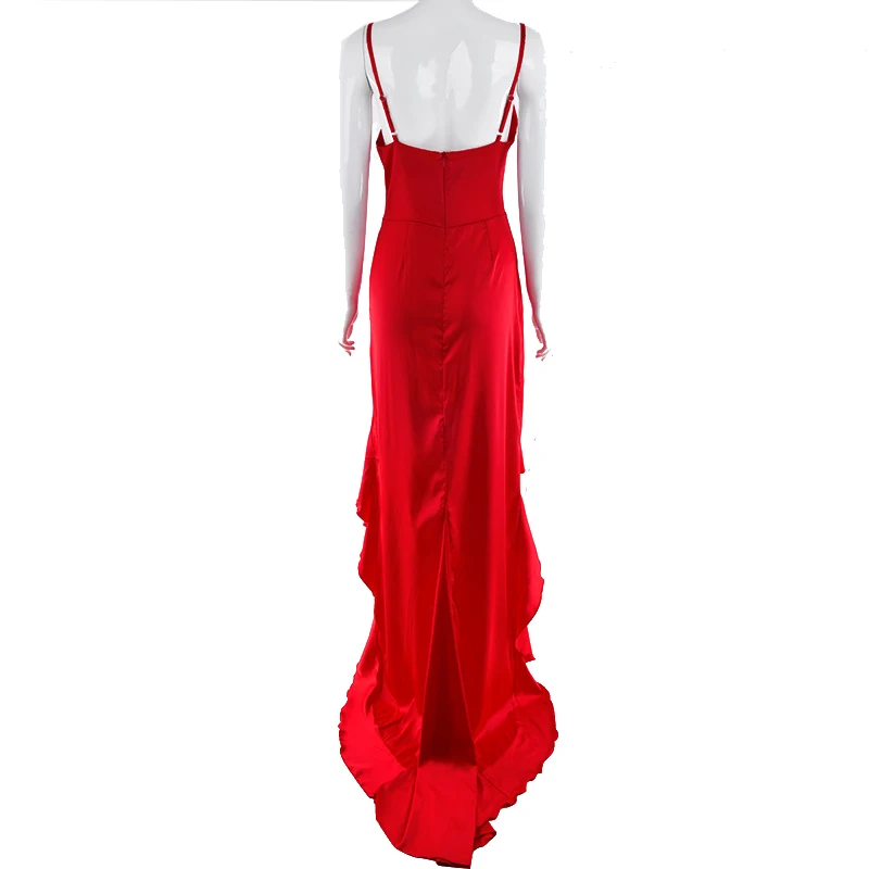 Sexy suspenders open back side slit evening dress