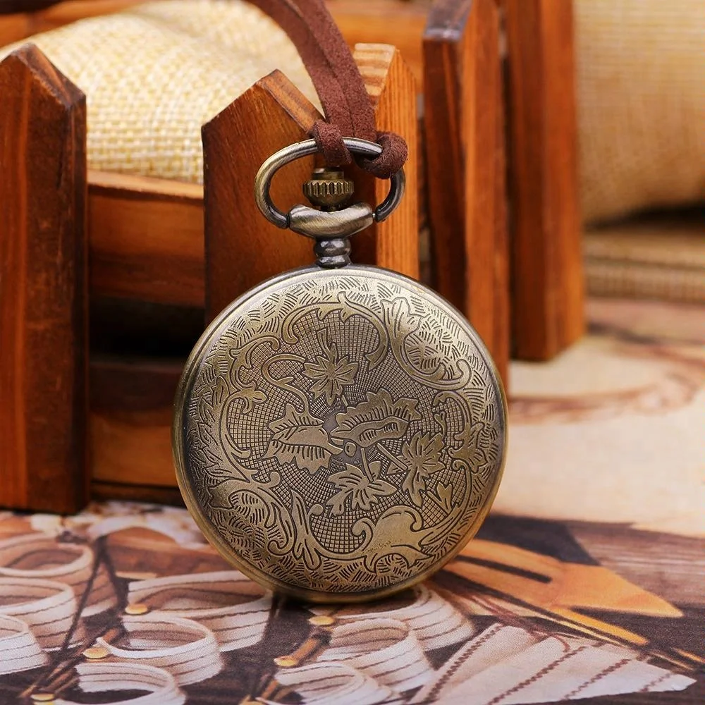 Retro Alloy Bronze Sunflower Pattern Pendant Watch Vintage Leather Rope mechanical Pocket Watches for women men