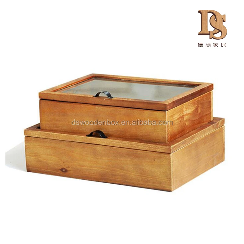 Vintage Wooden Gift Empty Box With Transparent Glass Lid Wooden  Gift Storage Box