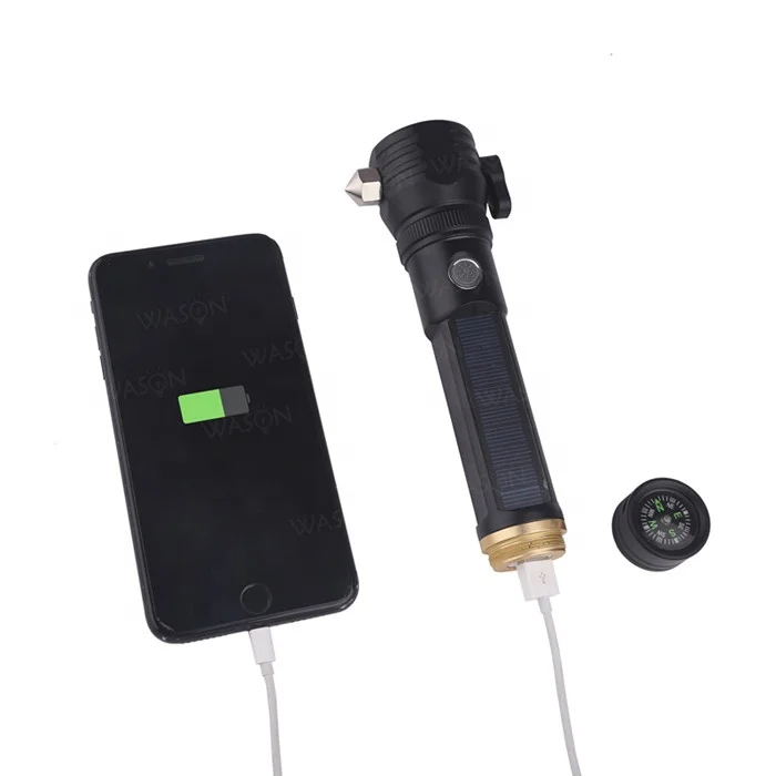 Wason Aluminum High Power Solar Rechargeable Outdoor Survival Or Car Rescue Kit Window Hammer Led Flashlight With Compass