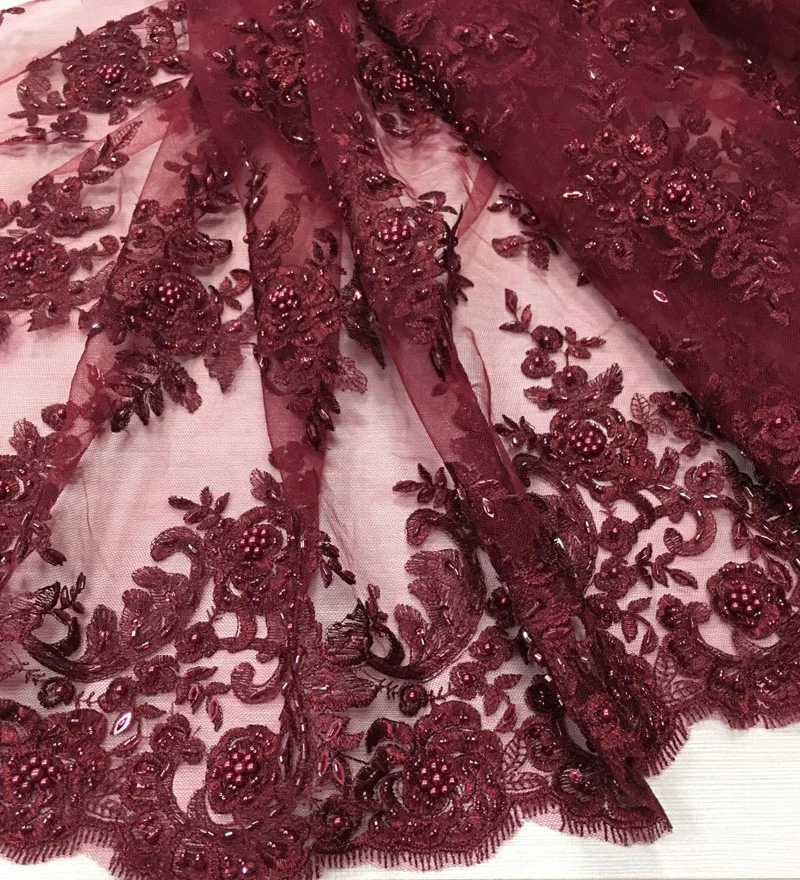 top fashion burgundy beaded tulle lace fabric for dress, metallic hand embroidered fabric
