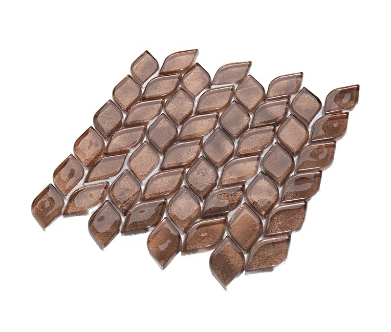 Kitchen Splashback Copper Foil Leaf Shaped Glass Mosaic Tile Water Jet Mosaic Tile