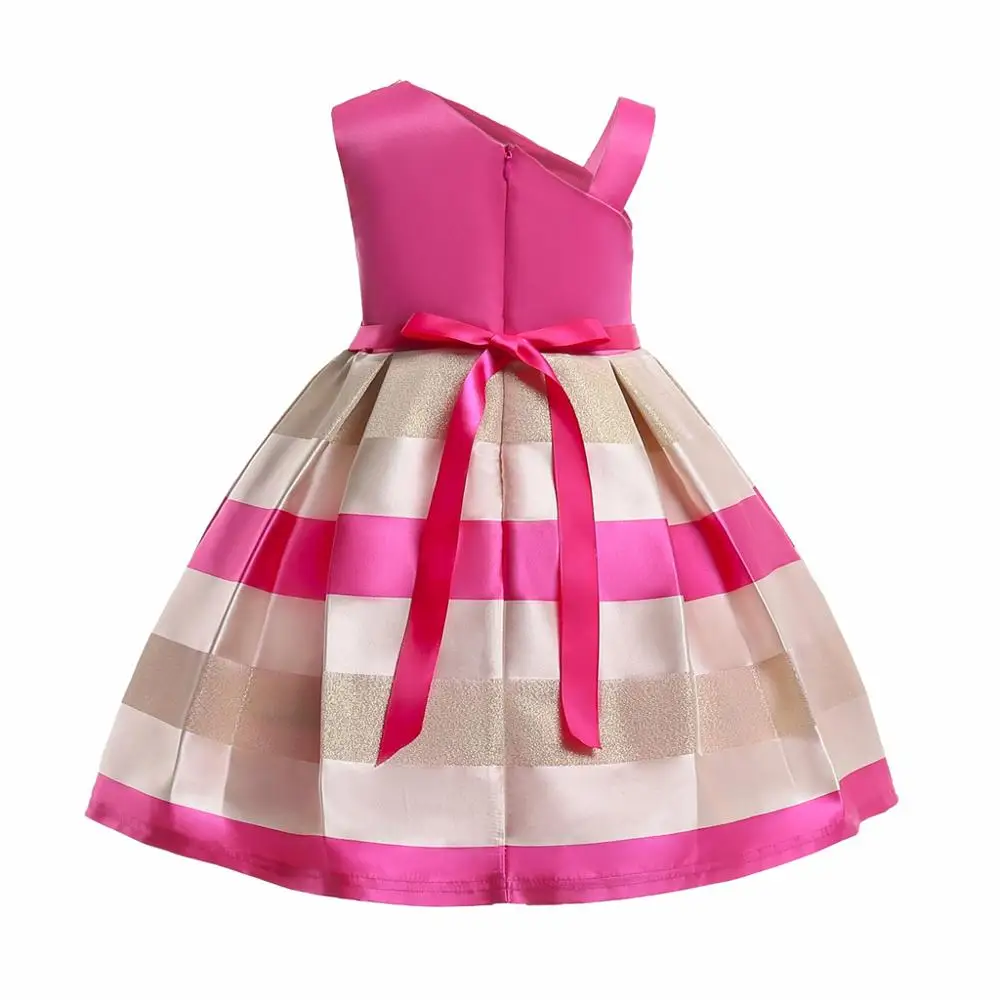 Kids One-Shoulder Party Dress Wholesale Girl Formal Dress Sling Bare Shoulder Stripe Flower Embroidered Princess Dress
