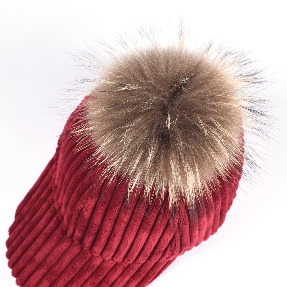 KZ160392 Ladies Lovely Real Raccoon Fur Pom Pom Hat