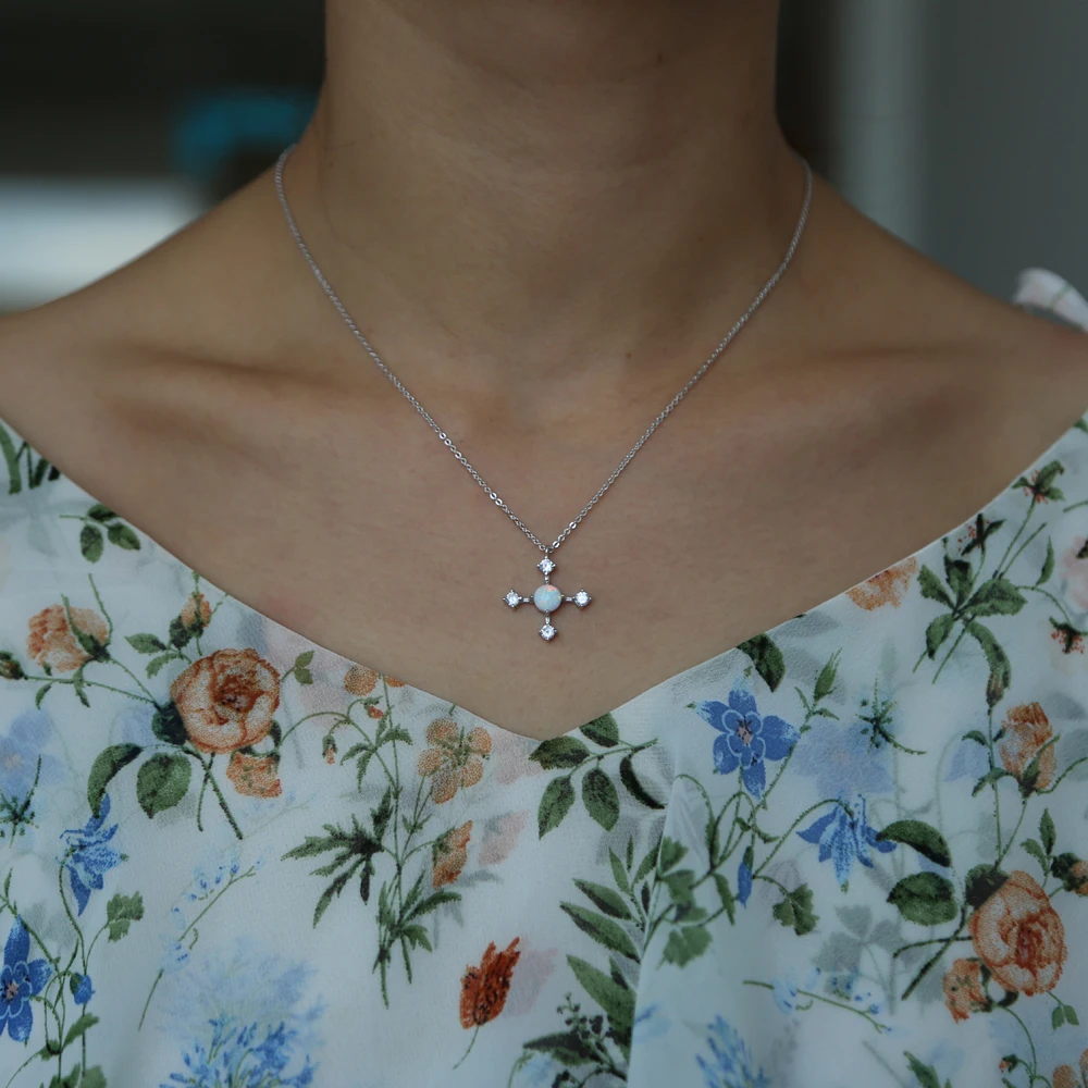 New fashion beautiful opal cross pendant necklace with CZ paved tiny link chain cross charm wedding women jewelry