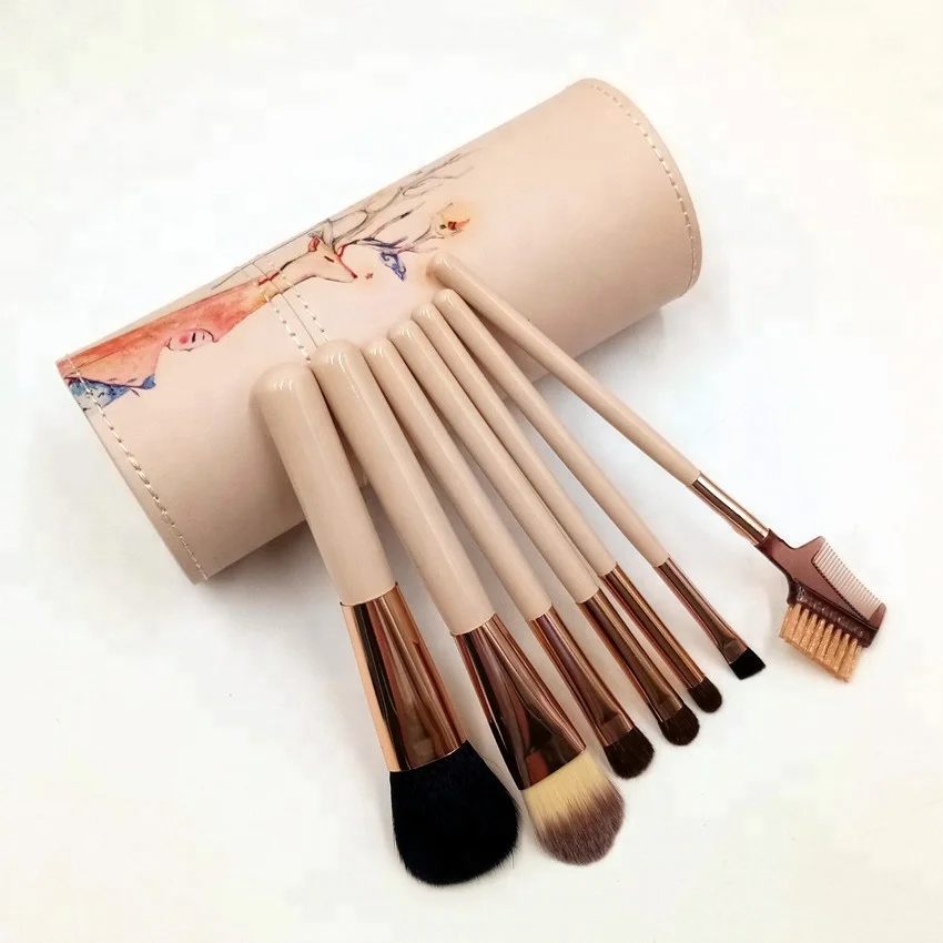 Deer Cosmetic Makeup Brush Kit 7PCS Leather Barrel Set