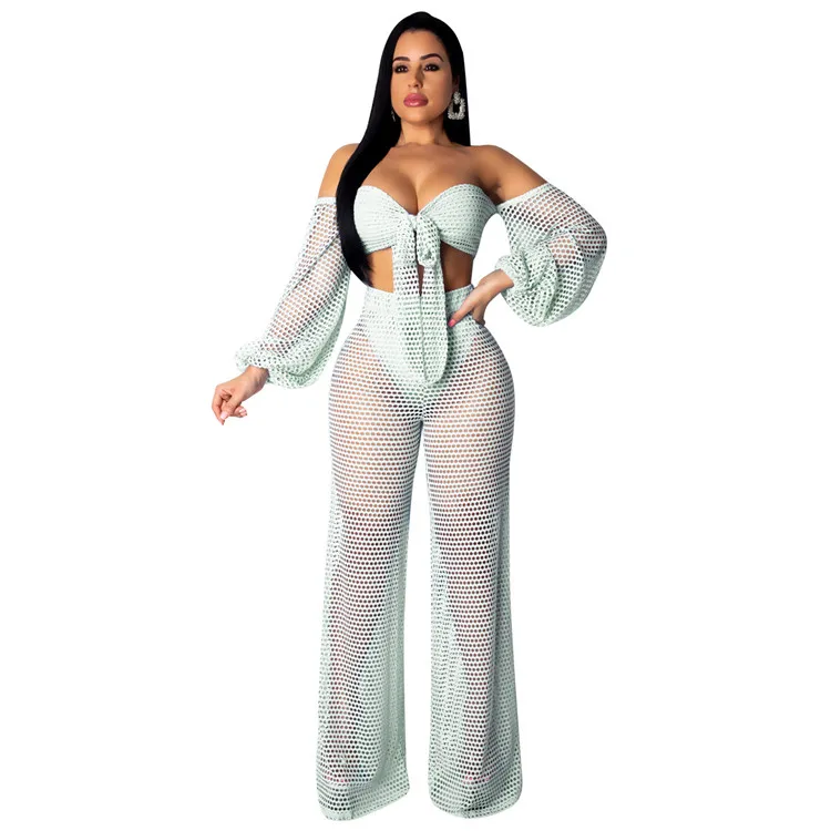 
Mesh off shoulder swim cover up top beach pants 