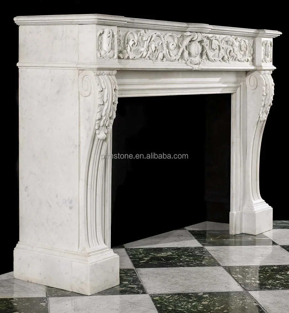 A large French Louis XVI style antique decorative Carrara white Marble fireplace mantel