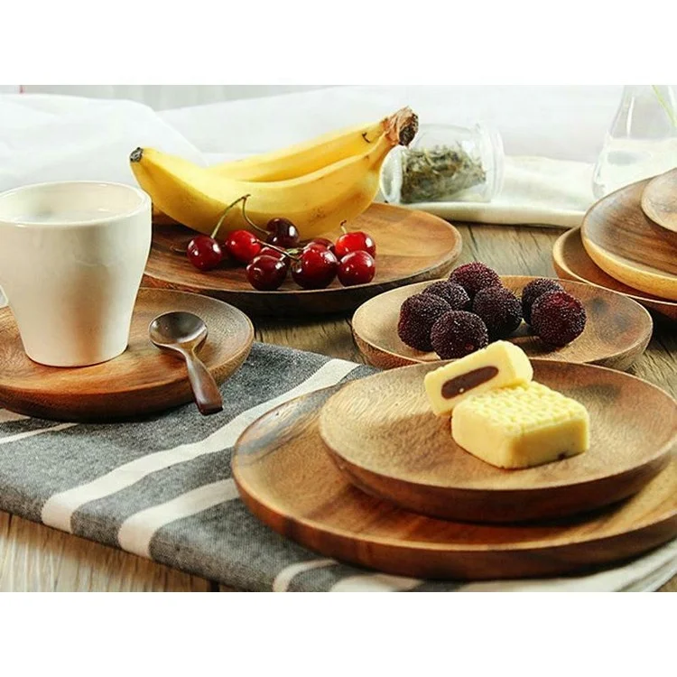 Wholesale Luxury Home Decor Custom Logo Carved Large Natural Wood Plate Dishes Round Walnut Wooden Food Serving Platters Tray