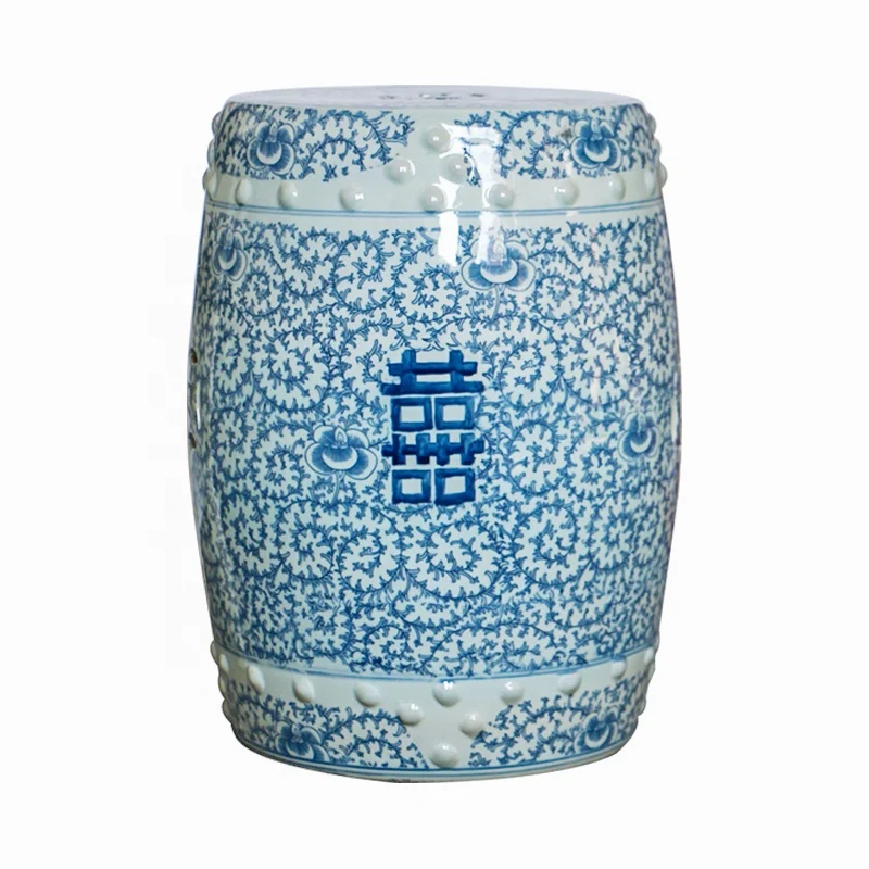 Blue and white double happiness Chinese ceramic garden stool porcelain seat for home decorative change shoe stool in living room
