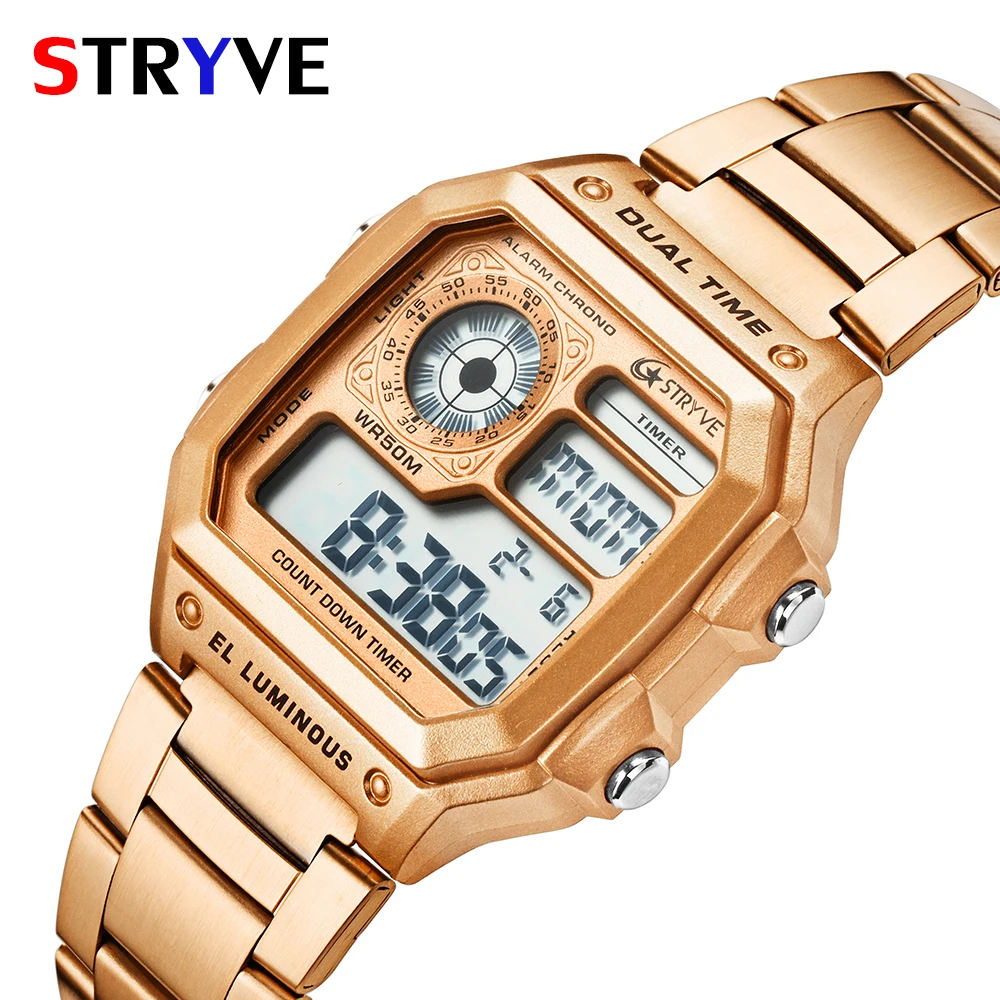 Часы наручные STRYVE Мужские Цифровые спортивные брендовые Роскошные Электронные Водонепроницаемые многофункциональные золотистые