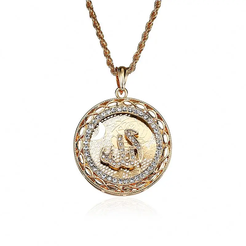 2019 Hot Selling Real Gold Arabian Muslim Islamic Allah diamond pendant necklace Crystal Round Pendant Necklace