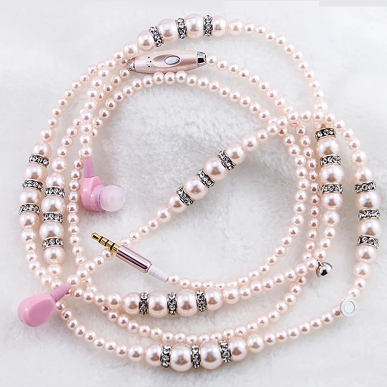 
The latest design fashion jewelry pearl necklace headphones and microphone 3.5 mm in-ear wired magnetic headphones 