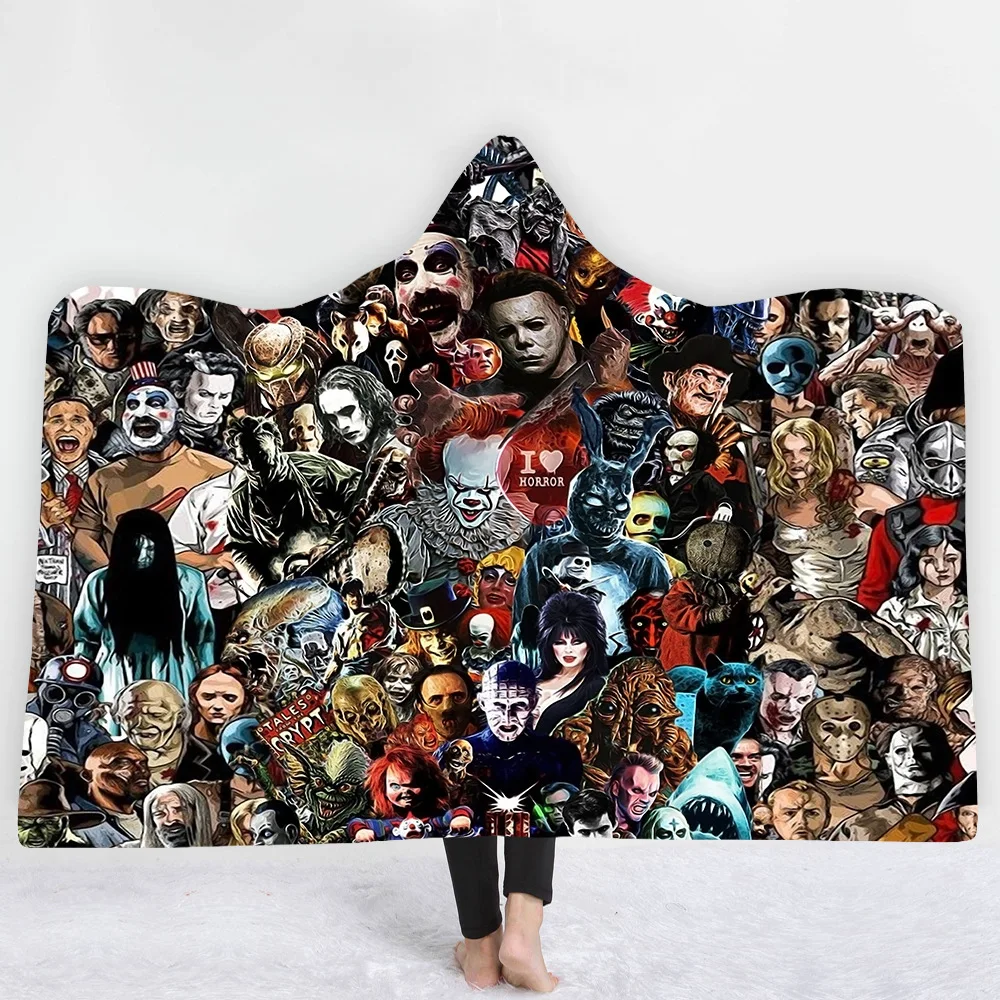 factory hot winter print adult kids print hooded blanket thick warm horror characters custom sherpa blanket