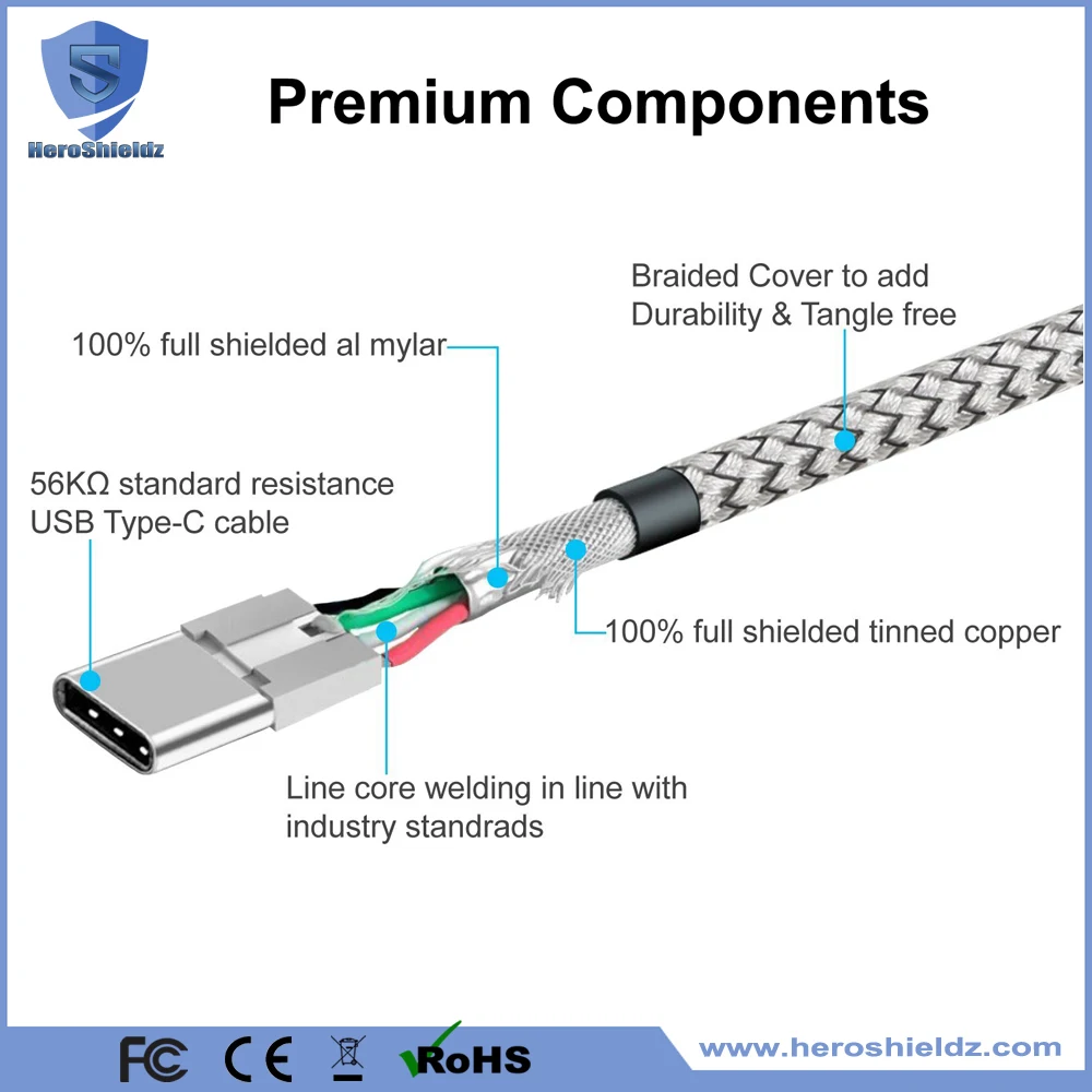 2M/6FT Nylon Braided USB Type C Cable, Metal Type C Connector Data Cable For Samsung S8 S8+/Google Pixel/Nexus 6P/LG G5/HTC 10