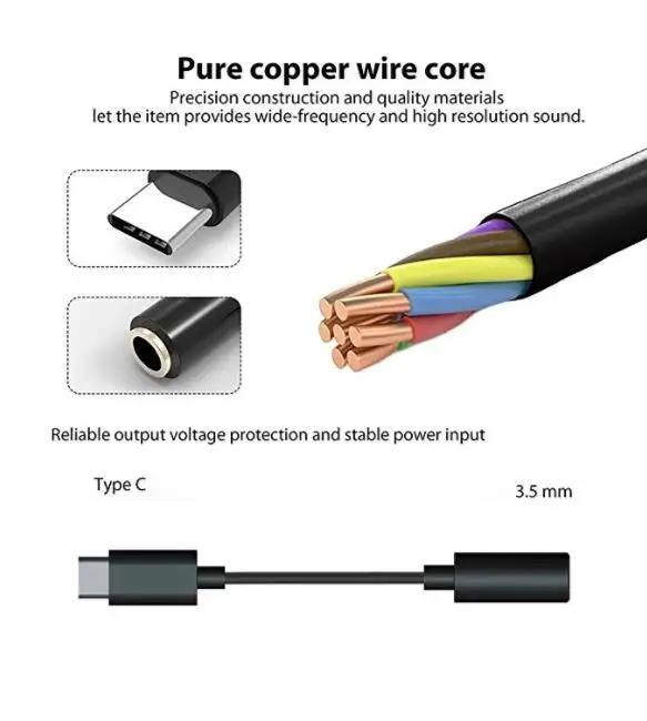 Black Type C/USB C to 3.5mm Headphone Audio Jack Adapter USB-C to 3.5mm Female Aux Microphone Cable for Cell Phones