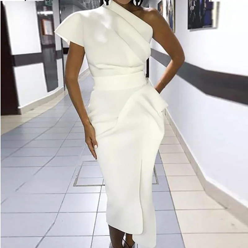 Women solid white polyester One Shoulder Ruched Irregular Party Dress  hidden side zipper closure pencil hem banquet  prom dress