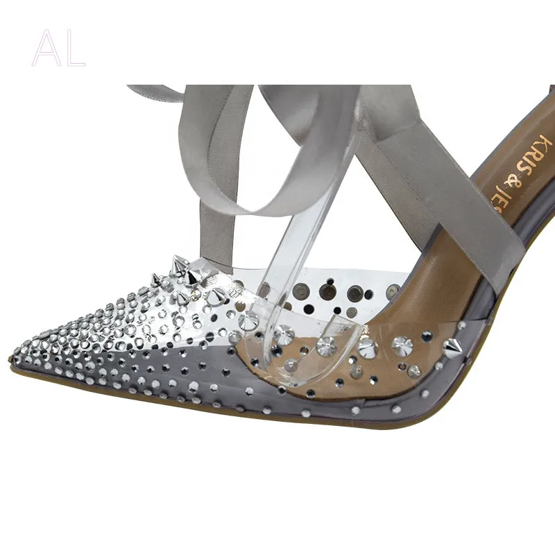 Pointed toe transparent pvc upper rivet rhinestone sandals ribbon tied ankle sandals
