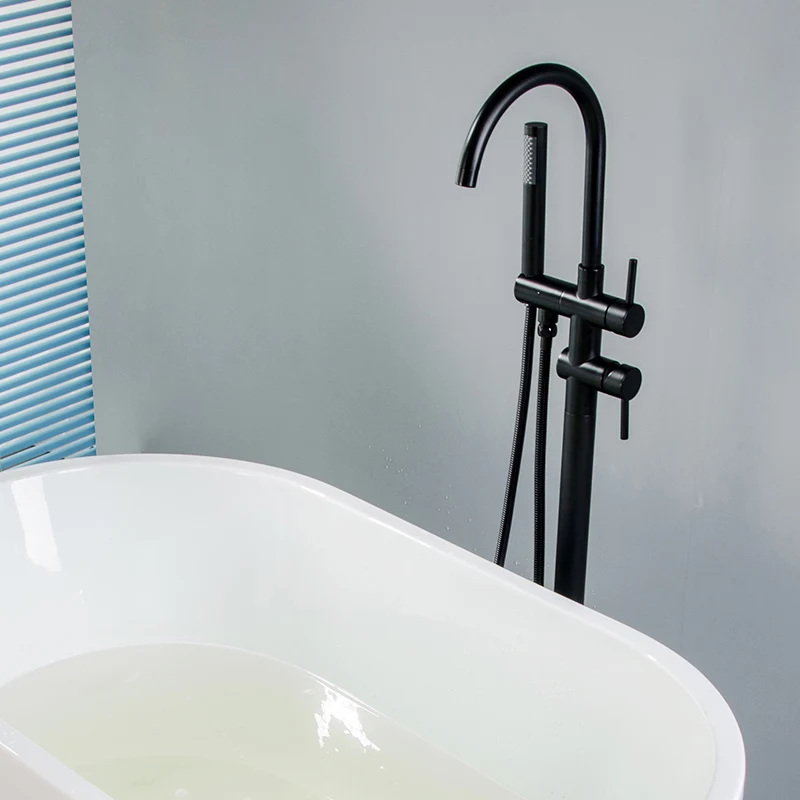 FLG Luxury Bath floor mounted style Black Floor Standing Bathroom Bathtub Faucet