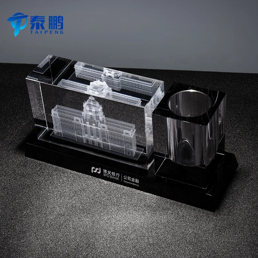 
Modern customized business desk ornament with engraving crystal blank and clear pen holder as office decoration or gift 