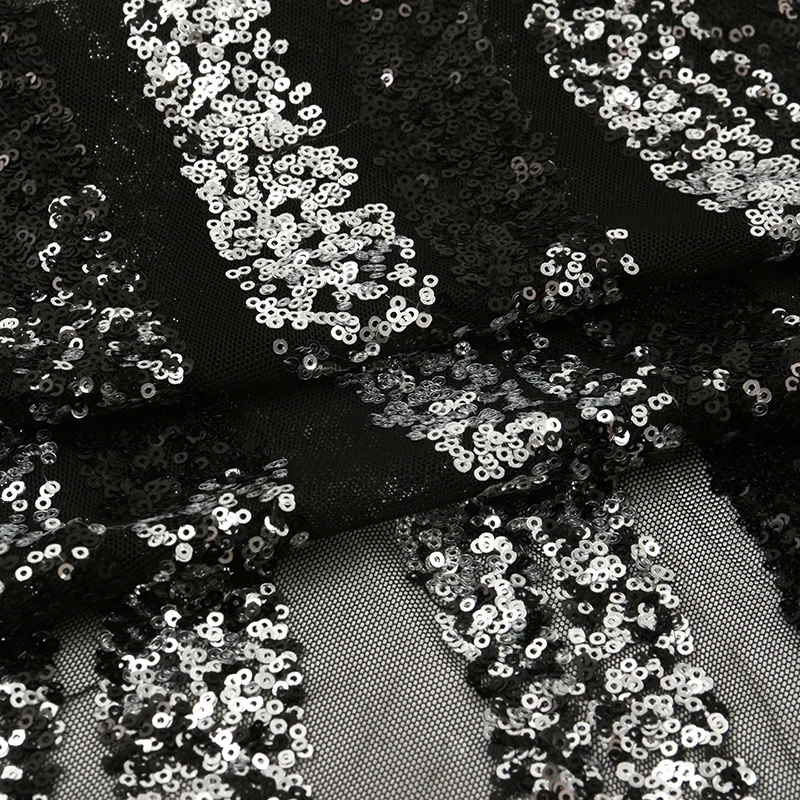 Wholesale polyester fashion breathable dress mesh silver black sequin fabric