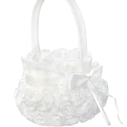 H05 Pure sweet ivory rose lace artifical flower hanging basket flower girl gathering basket wedding accessories