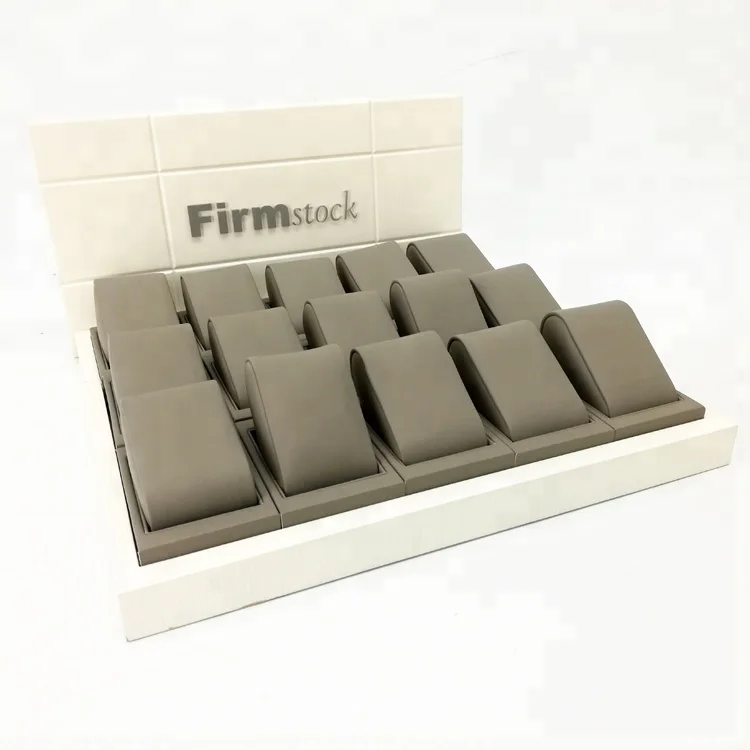 Fashion customized mdf watch shop counter display with grey fine PU leather watch display pillow and custom logo