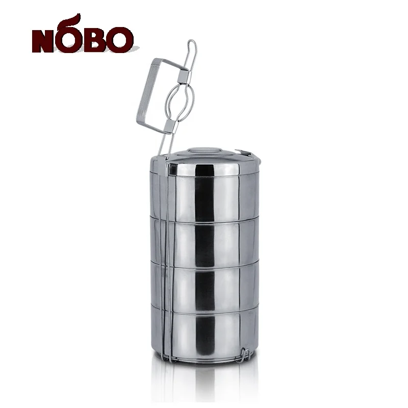 Hottest 2/3/4 Layer Portable Metal Folding Lunchbox Carrier Stainless Steel Indian Tiffin Box with Side Clips Carrier