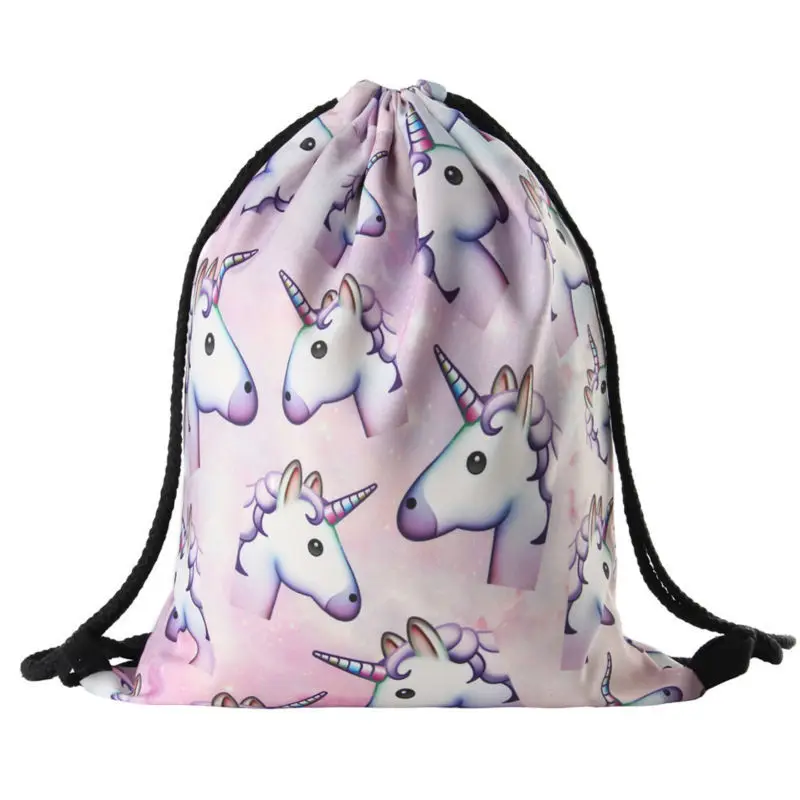 2018 Amazon hot selling Polyester Unicorn Drawstring Bag for girl , wholesale 3D Printing Cute Unicorn Backpack for children