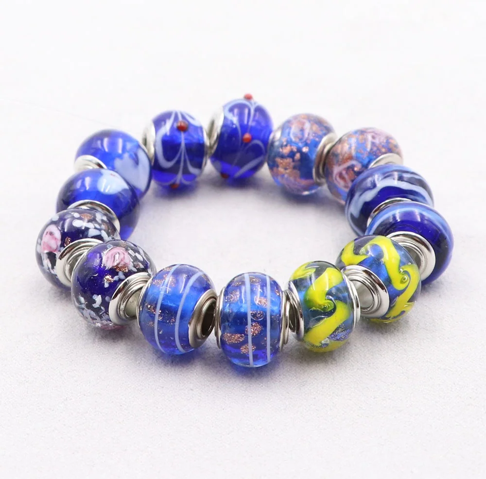 Wholesale Mix in Bulk Blue Series Silver Plated Core Large Hole Beads Murano Glass Big Hole Beads European Bracelet Charms